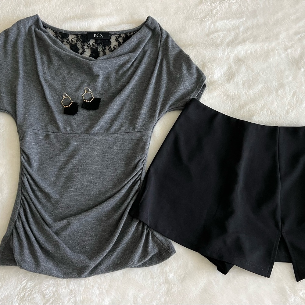 Gray and black lace detail top.